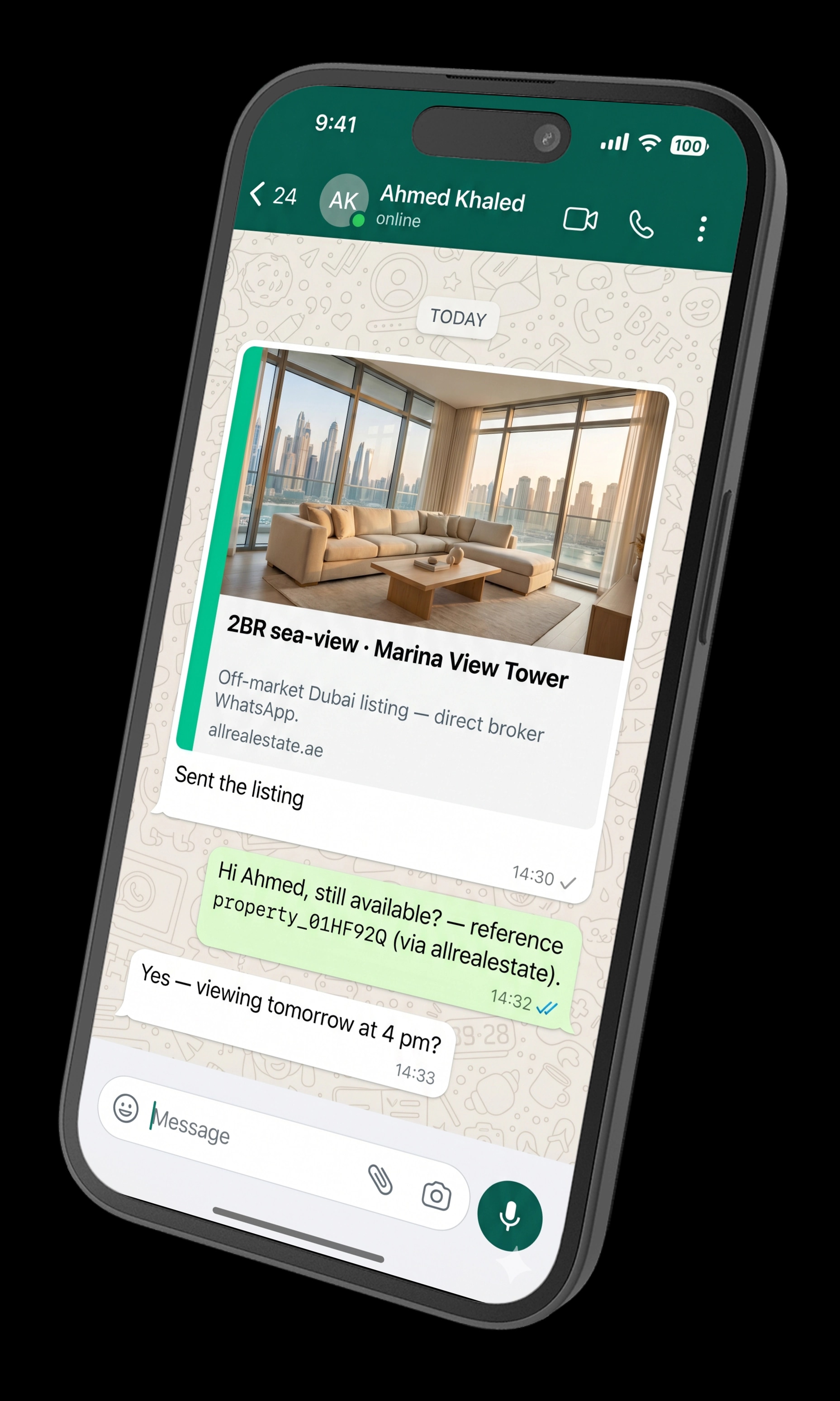 iPhone showing a WhatsApp chat with a Dubai broker — the share link unfurls to a Marina View Tower listing card, the buyer's pre-filled reference message follows, and the broker confirms a viewing.